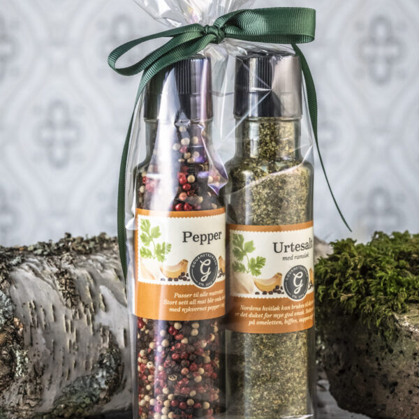 Flott gavepakke med to krydderkverner: aromatisk pepperblanding og urtesalt med ramsløk