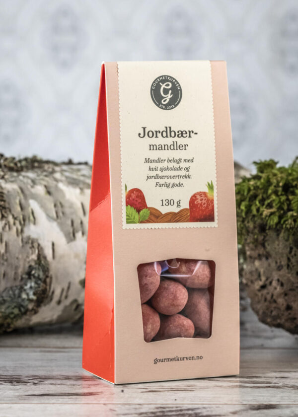 jordbaremandler-sjaktel-130gram-mandler belagt med hvit sjokolade med jordbærsmak.